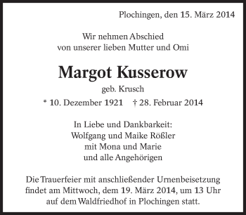 Traueranzeige von Margot Kusserow von Eßlinger Zeitung/Cannstatter Zeitung