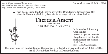 Traueranzeige von Theresia Ament von Eßlinger Zeitung/Cannstatter Zeitung