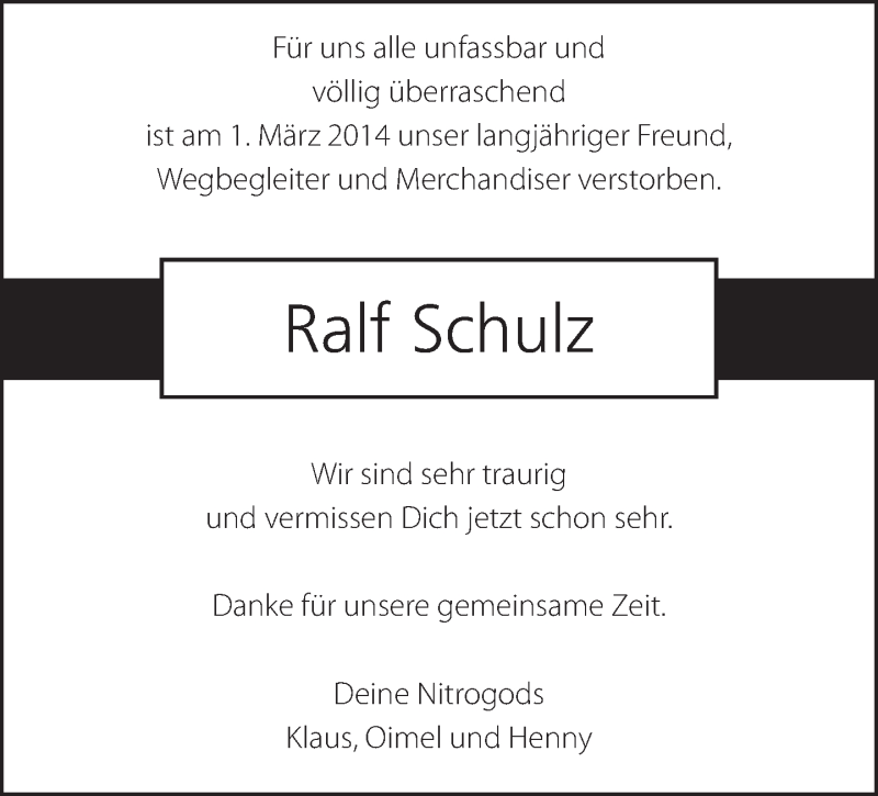  Traueranzeige für Ralf Schulz vom 11.03.2014 aus Eßlinger Zeitung/Cannstatter Zeitung