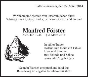 Traueranzeige von Manfred Förster von Eßlinger Zeitung/Cannstatter Zeitung