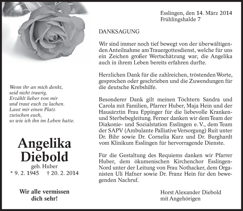  Traueranzeige für Angelika Diebold vom 14.03.2014 aus Eßlinger Zeitung/Cannstatter Zeitung
