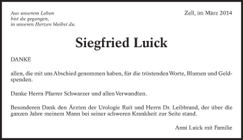 Traueranzeige von Siegfried Luick von Eßlinger Zeitung/Cannstatter Zeitung