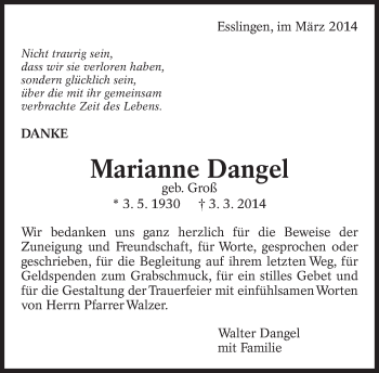 Traueranzeige von Marianne Dangel von Eßlinger Zeitung/Cannstatter Zeitung