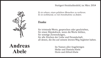 Traueranzeige von Andreas Abele von Eßlinger Zeitung/Cannstatter Zeitung