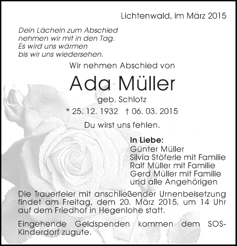  Traueranzeige für Ada Müller vom 17.03.2015 aus Eßlinger Zeitung/Cannstatter Zeitung