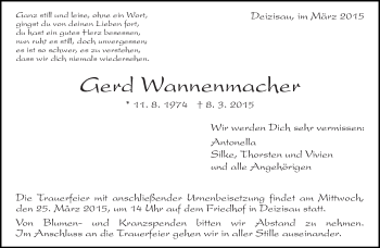 Traueranzeige von Gerd Wannenmacher von Eßlinger Zeitung/Cannstatter Zeitung