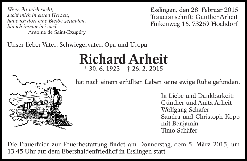  Traueranzeige für Richard Arheit vom 28.02.2015 aus Eßlinger Zeitung/Cannstatter Zeitung