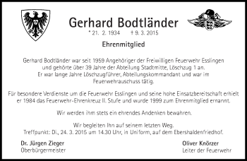 Traueranzeige von Gerhard Bodtländer von Eßlinger Zeitung/Cannstatter Zeitung