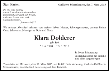 Traueranzeige von Klara Dolderer von Eßlinger Zeitung/Cannstatter Zeitung