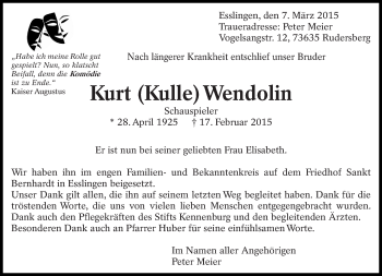 Traueranzeige von Kurt Wendolin von Eßlinger Zeitung/Cannstatter Zeitung