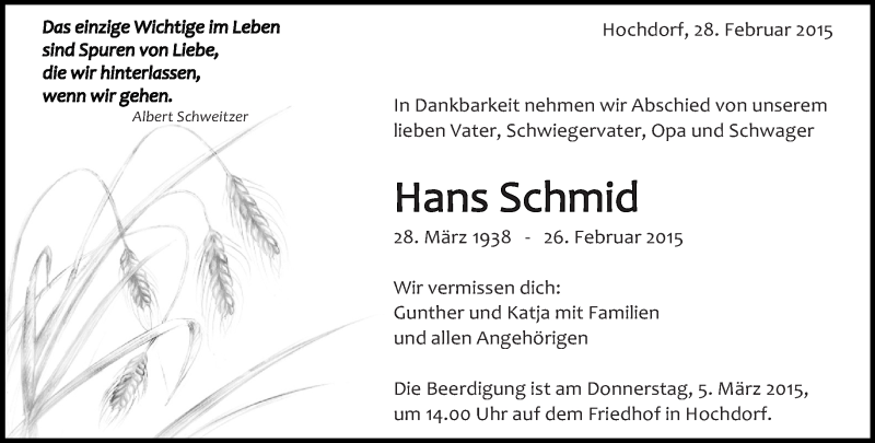  Traueranzeige für Hans Schmid vom 28.02.2015 aus Eßlinger Zeitung/Cannstatter Zeitung