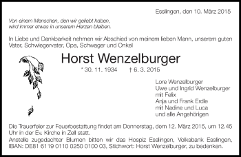 Traueranzeige von Horst Wenzelburger von Eßlinger Zeitung/Cannstatter Zeitung