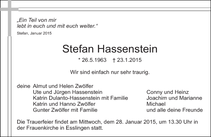  Traueranzeige für Stefan Hassenstein vom 24.01.2015 aus Eßlinger Zeitung/Cannstatter Zeitung
