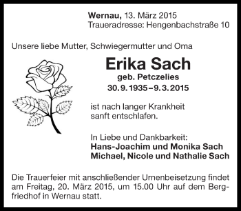Traueranzeige von Erika Sach von Eßlinger Zeitung/Cannstatter Zeitung
