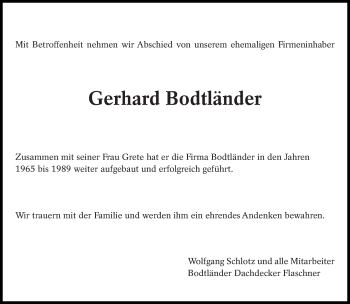 Traueranzeige von Gerhard Bodtländer von Eßlinger Zeitung/Cannstatter Zeitung