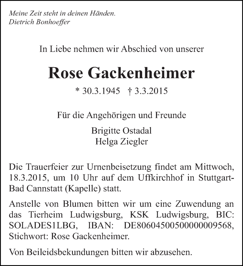  Traueranzeige für Rose Gackenheimer vom 12.03.2015 aus Eßlinger Zeitung/Cannstatter Zeitung