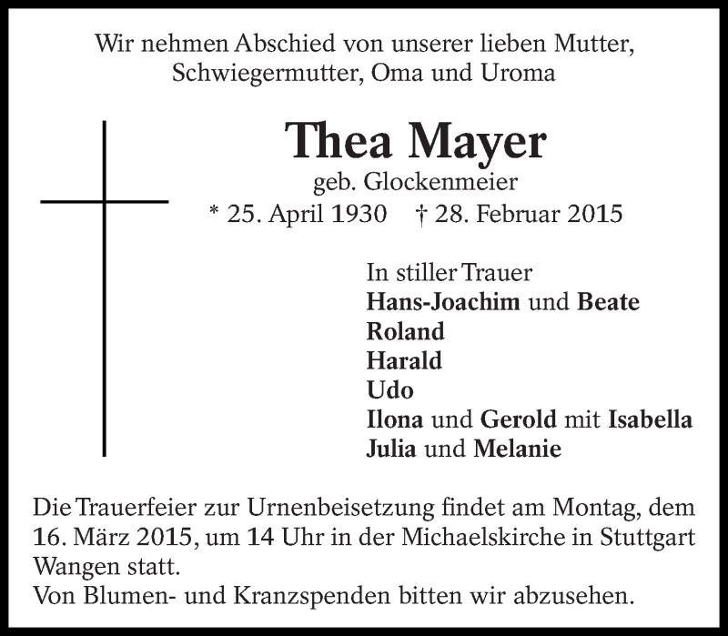  Traueranzeige für Thea Mayer vom 12.03.2015 aus Eßlinger Zeitung/Cannstatter Zeitung