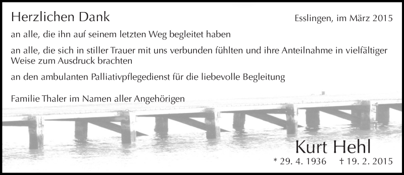  Traueranzeige für Kurt Hehl vom 07.03.2015 aus Eßlinger Zeitung/Cannstatter Zeitung