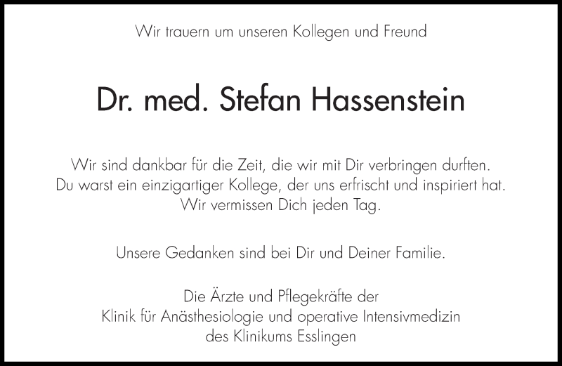  Traueranzeige für Stefan Hassenstein vom 27.01.2015 aus Eßlinger Zeitung/Cannstatter Zeitung