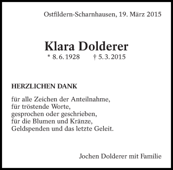 Traueranzeige von Klara Dolderer von Eßlinger Zeitung/Cannstatter Zeitung