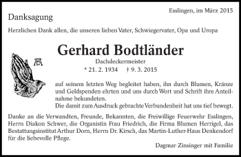 Traueranzeige von Gerhard Bodtländer von Eßlinger Zeitung/Cannstatter Zeitung