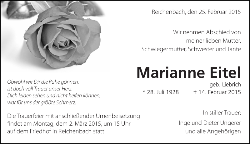  Traueranzeige für Marianne Eitel vom 25.02.2015 aus Eßlinger Zeitung/Cannstatter Zeitung
