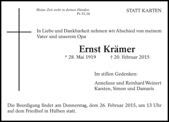 Traueranzeige von Ernst Krämer von Eßlinger Zeitung/Cannstatter Zeitung
