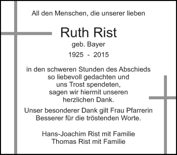 Traueranzeige von Ruth Rist von Eßlinger Zeitung/Cannstatter Zeitung