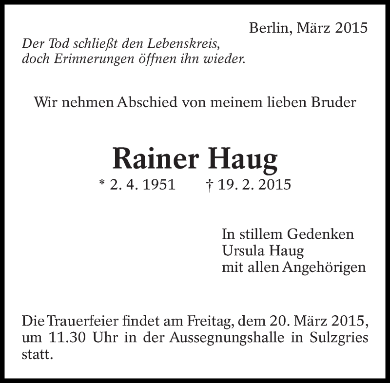  Traueranzeige für Rainer Haug vom 17.03.2015 aus Eßlinger Zeitung/Cannstatter Zeitung