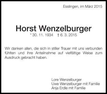 Traueranzeige von Horst Wenzelburger von Eßlinger Zeitung/Cannstatter Zeitung