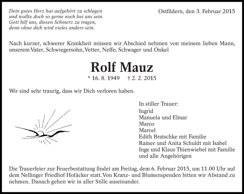  Traueranzeige für Rolf Mauz vom 03.02.2015 aus Eßlinger Zeitung/Cannstatter Zeitung