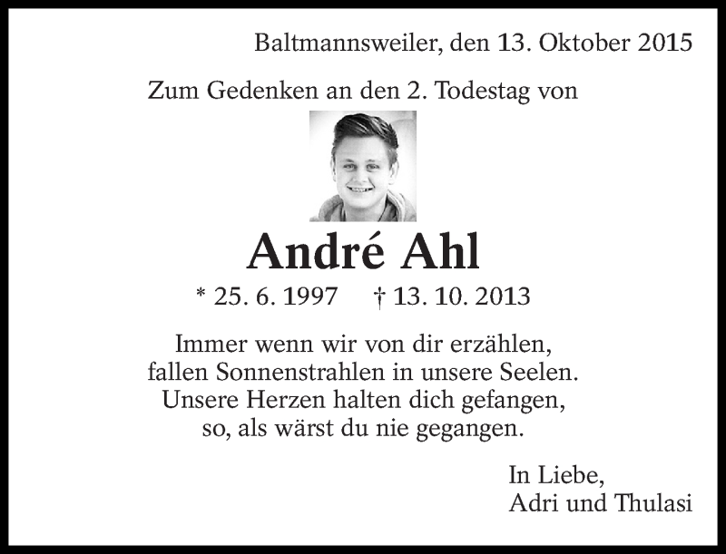  Traueranzeige für André Ahl vom 13.10.2015 aus Eßlinger Zeitung/Cannstatter Zeitung