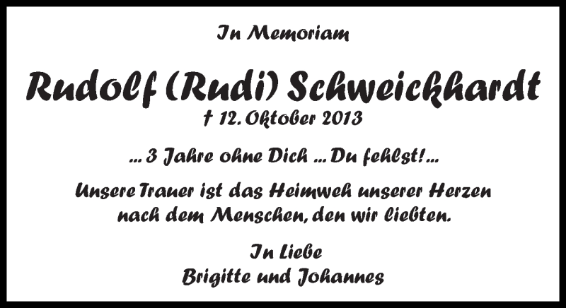  Traueranzeige für Rudolf Schweickhardt vom 12.10.2016 aus Eßlinger Zeitung/Cannstatter Zeitung