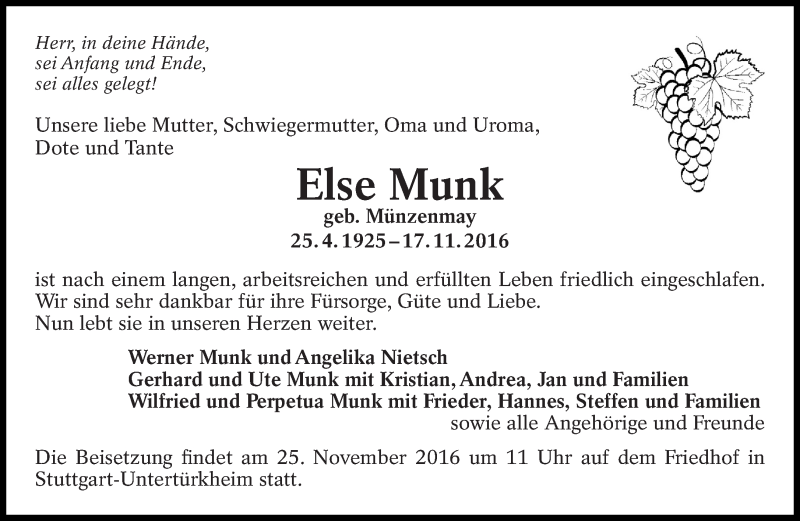  Traueranzeige für Else Munk vom 22.11.2016 aus Eßlinger Zeitung/Cannstatter Zeitung