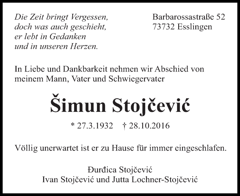  Traueranzeige für Šimun Stojcevic vom 04.11.2016 aus Eßlinger Zeitung/Cannstatter Zeitung