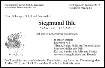 Traueranzeige von Siegmund Ihle von Eßlinger Zeitung/Cannstatter Zeitung