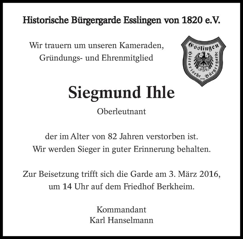  Traueranzeige für Siegmund Ihle vom 27.02.2016 aus Eßlinger Zeitung/Cannstatter Zeitung