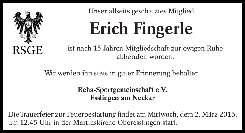  Traueranzeige für Erich Fingerle vom 25.02.2016 aus Eßlinger Zeitung/Cannstatter Zeitung