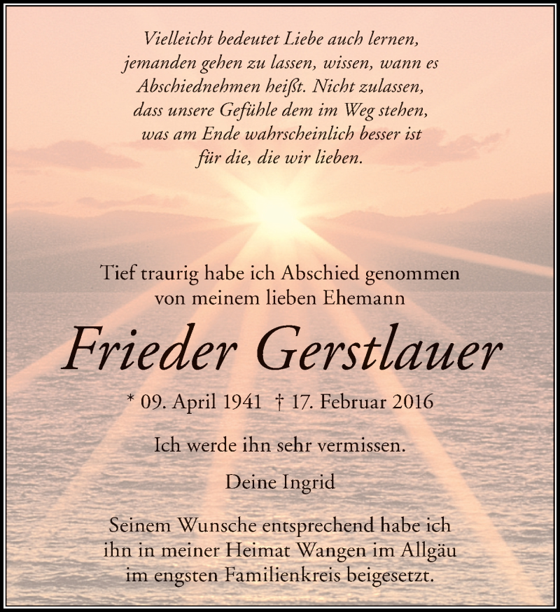  Traueranzeige für Frieden Gerstlauer vom 23.02.2016 aus Eßlinger Zeitung/Cannstatter Zeitung