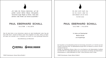 Traueranzeige von Eberhard Schall von Eßlinger Zeitung/Cannstatter Zeitung