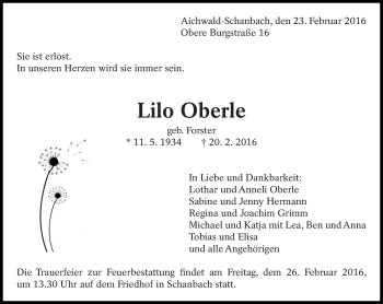 Traueranzeige von Lilo Oberle von Eßlinger Zeitung/Cannstatter Zeitung