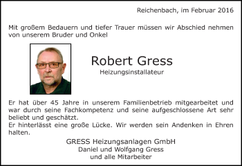 Traueranzeige von Robert Gress von Eßlinger Zeitung/Cannstatter Zeitung