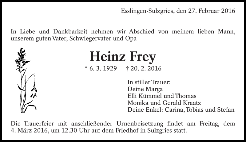  Traueranzeige für Heinz Frey vom 27.02.2016 aus Eßlinger Zeitung/Cannstatter Zeitung