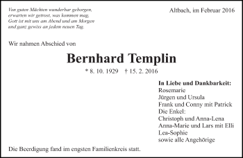 Traueranzeige von Bernhard Templin von Eßlinger Zeitung/Cannstatter Zeitung