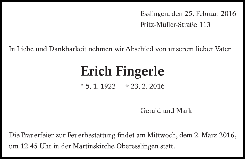  Traueranzeige für Erich Fingerle vom 25.02.2016 aus Eßlinger Zeitung/Cannstatter Zeitung