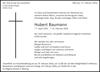Traueranzeige von Hubert Baumann von Eßlinger Zeitung/Cannstatter Zeitung