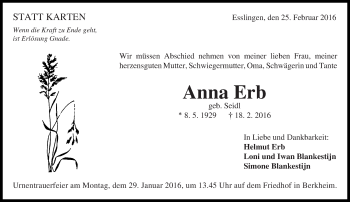 Traueranzeige von Anna Erb von Eßlinger Zeitung/Cannstatter Zeitung