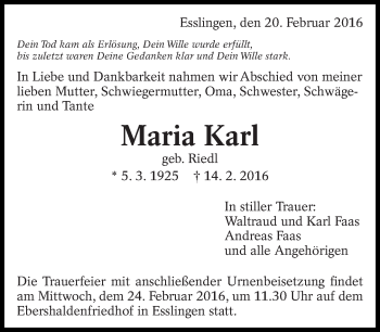 Traueranzeige von Maria Karl von Eßlinger Zeitung/Cannstatter Zeitung
