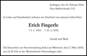 Traueranzeige von Erich Fingerle von Eßlinger Zeitung/Cannstatter Zeitung