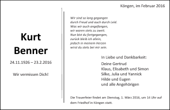 Traueranzeige von Kurt Benner von Eßlinger Zeitung/Cannstatter Zeitung